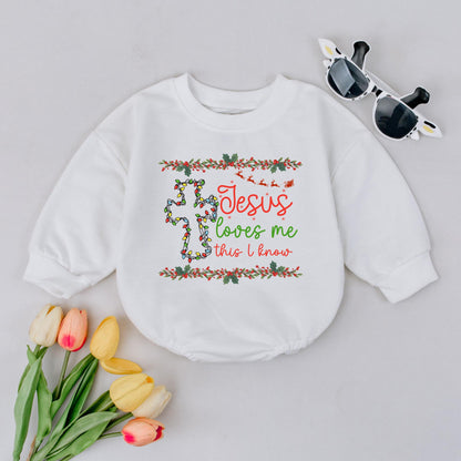 Jesus Loves Me Bubble Romper Christian Christmas Bodysuit Cute Santa Sleigh First Christmas Baby Girl Boy Outfit Religious Faith Based Gift