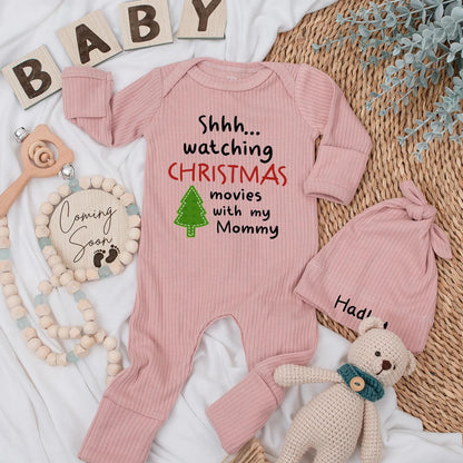 Shhh Watching Christmas Movies with Mommy Baby Bodysuit First Christmas Outfit Newborn Girl Boy Gift, Christmas Tree Baby Clothes