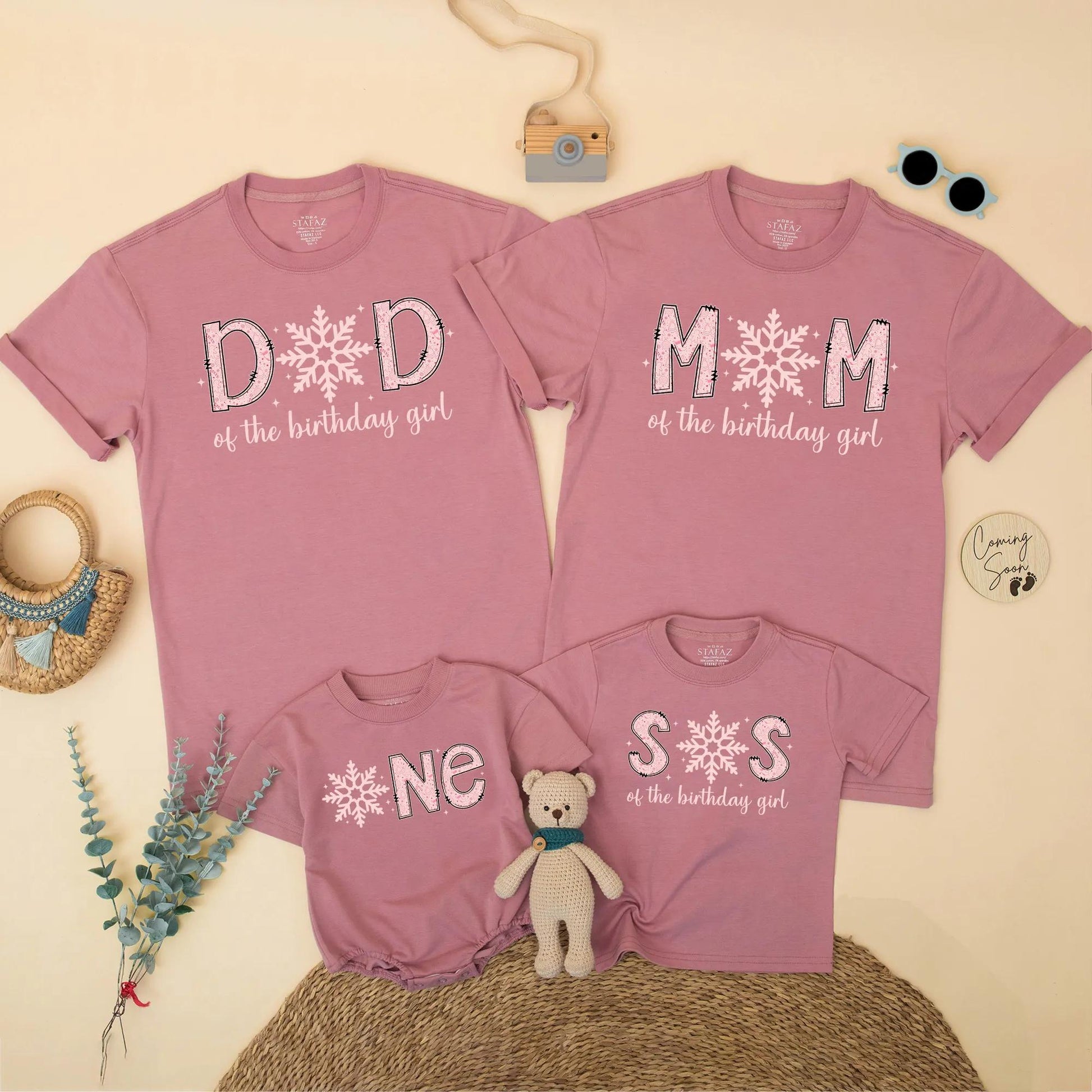 Pink Winter Snowflake 1st Birthday Family Matching Outfits Dad Mom Sister Brother & Baby Girl Birthday Gift
