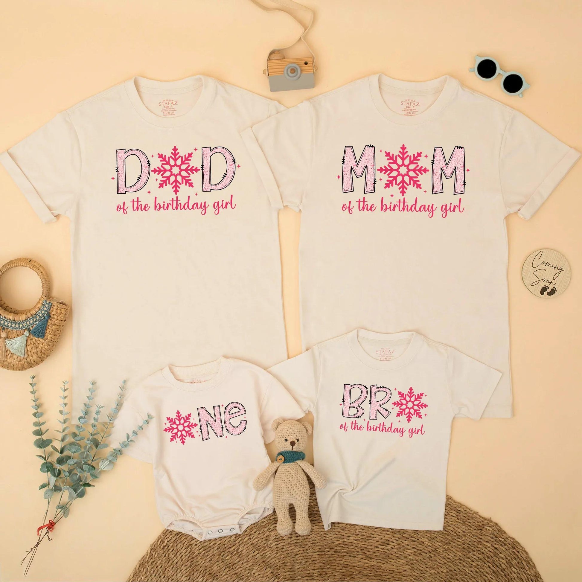 Pink Winter Snowflake 1st Birthday Family Matching Outfits Dad Mom Sister Brother & Baby Girl Birthday Gift