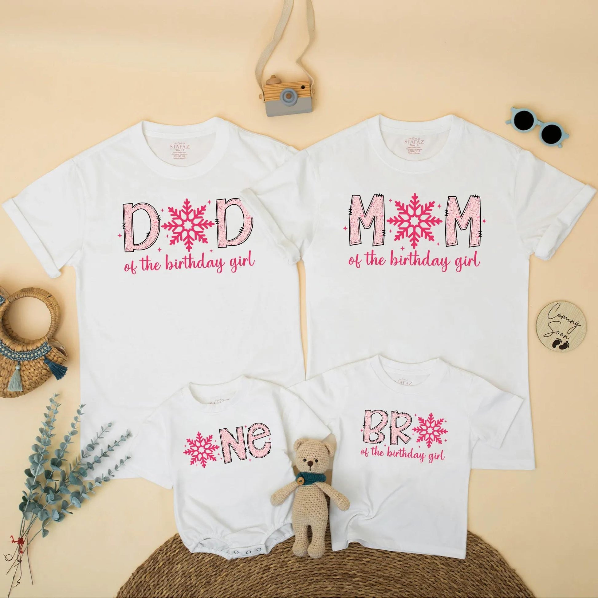 Pink Winter Snowflake 1st Birthday Family Matching Outfits Dad Mom Sister Brother & Baby Girl Birthday Gift