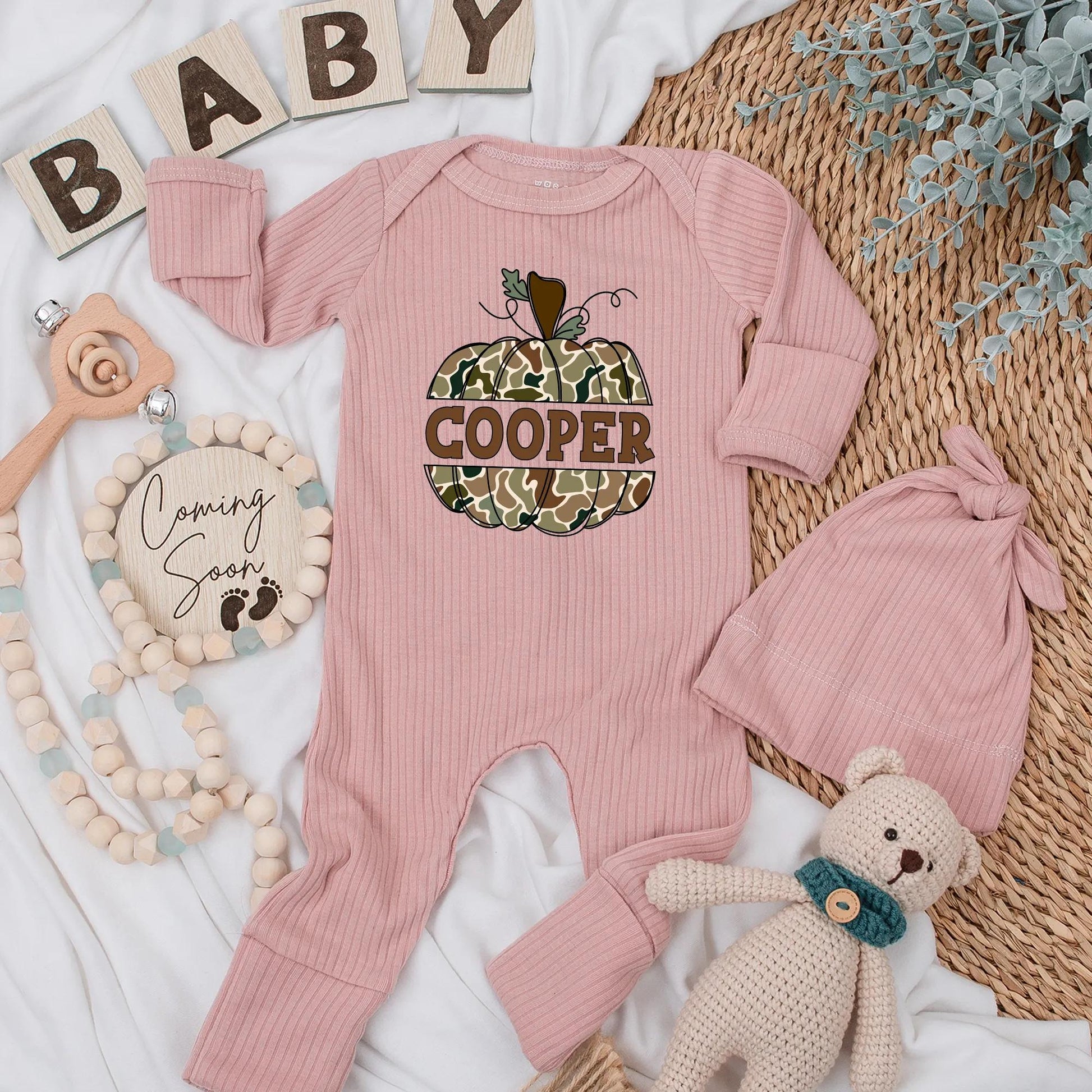 Personalized Camo Pumpkin Baby Bodysuit: Rustic Autumn Newborn Clothes, Coming Home Outfit, Shower Gift, Custom Name, Pumpkin Patch Season Style (137)