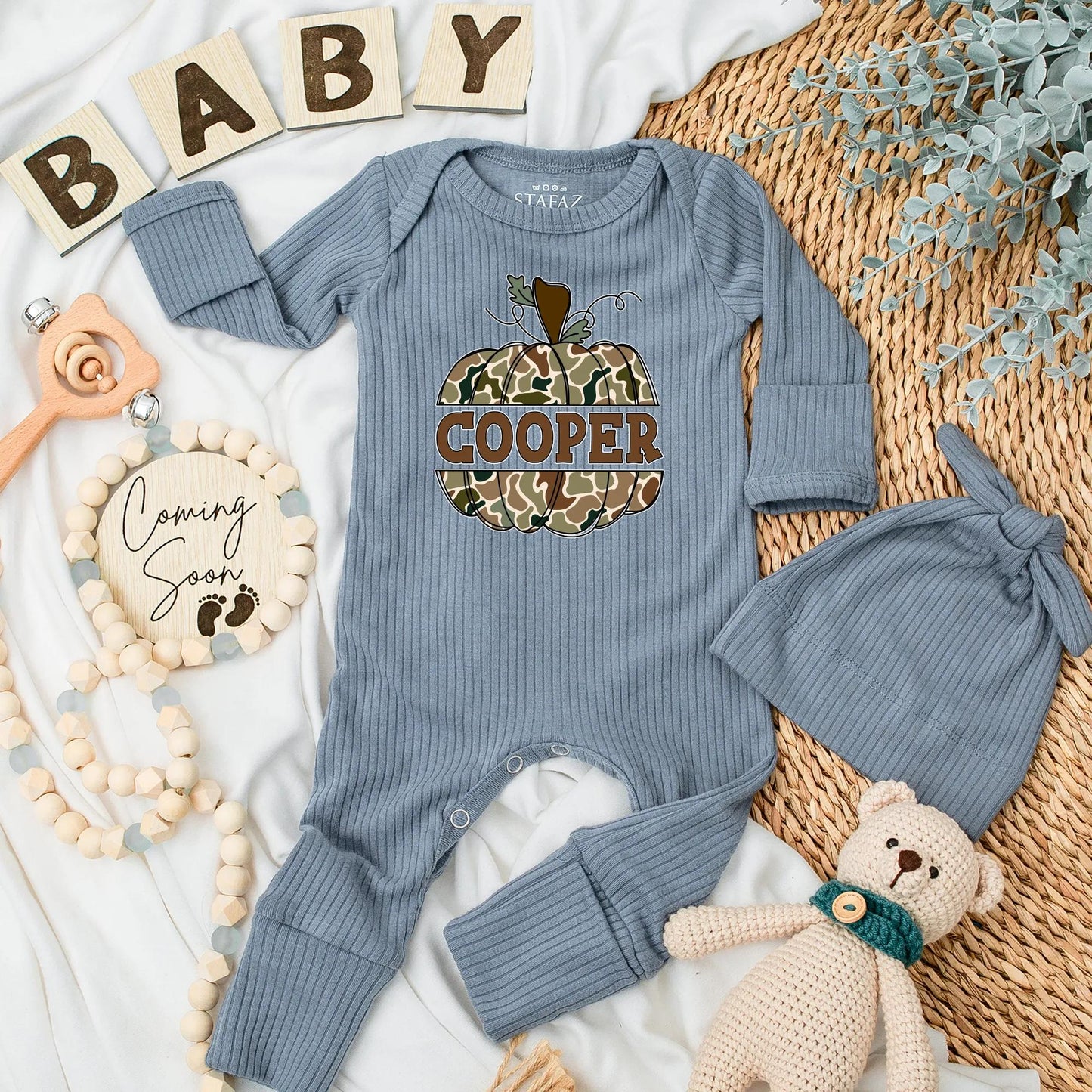 Personalized Camo Pumpkin Baby Bodysuit: Rustic Autumn Newborn Clothes, Coming Home Outfit, Shower Gift, Custom Name, Pumpkin Patch Season Style (137)