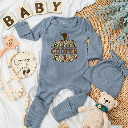 Personalized Camo Pumpkin Baby Bodysuit: Rustic Autumn Newborn Clothes, Coming Home Outfit, Shower Gift, Custom Name, Pumpkin Patch Season Style (137)