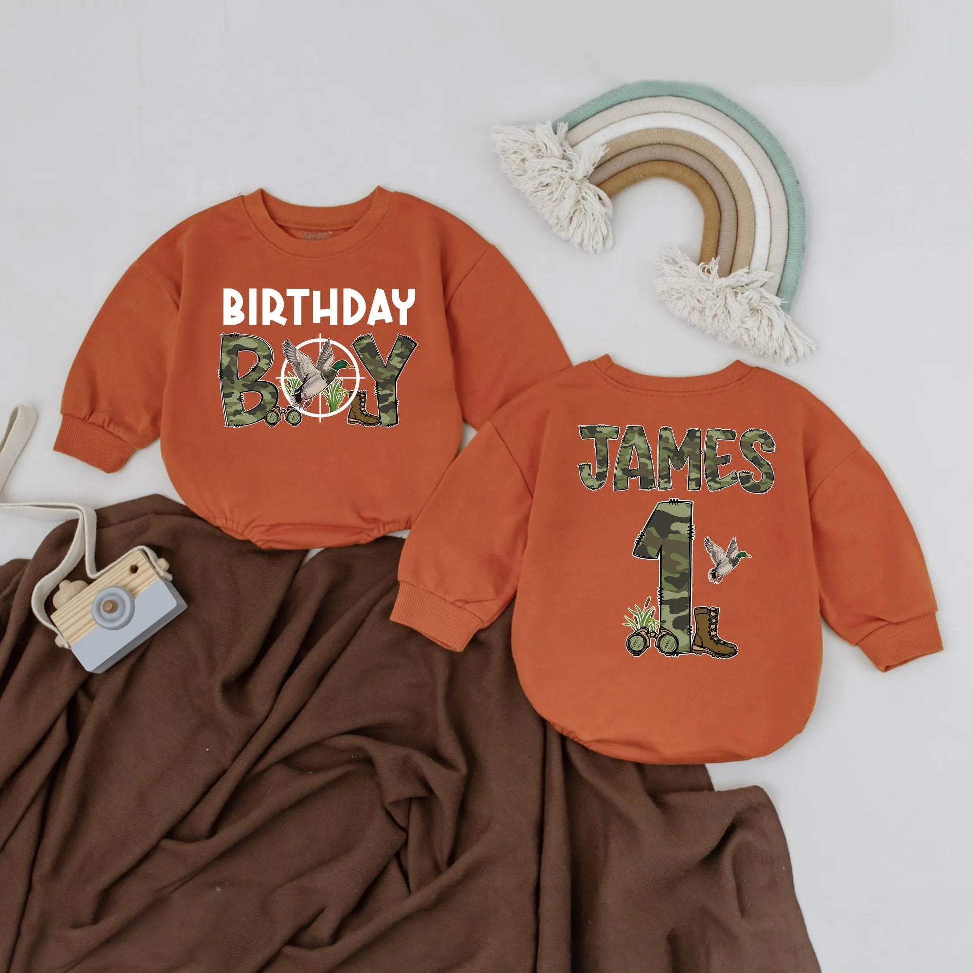Personalized 1st Birthday Hunting Romper: Camo "BOY" & Duck Crosshairs Design. Custom Name Outfit for Little Hunters & Outdoor Adventures (138 chars)