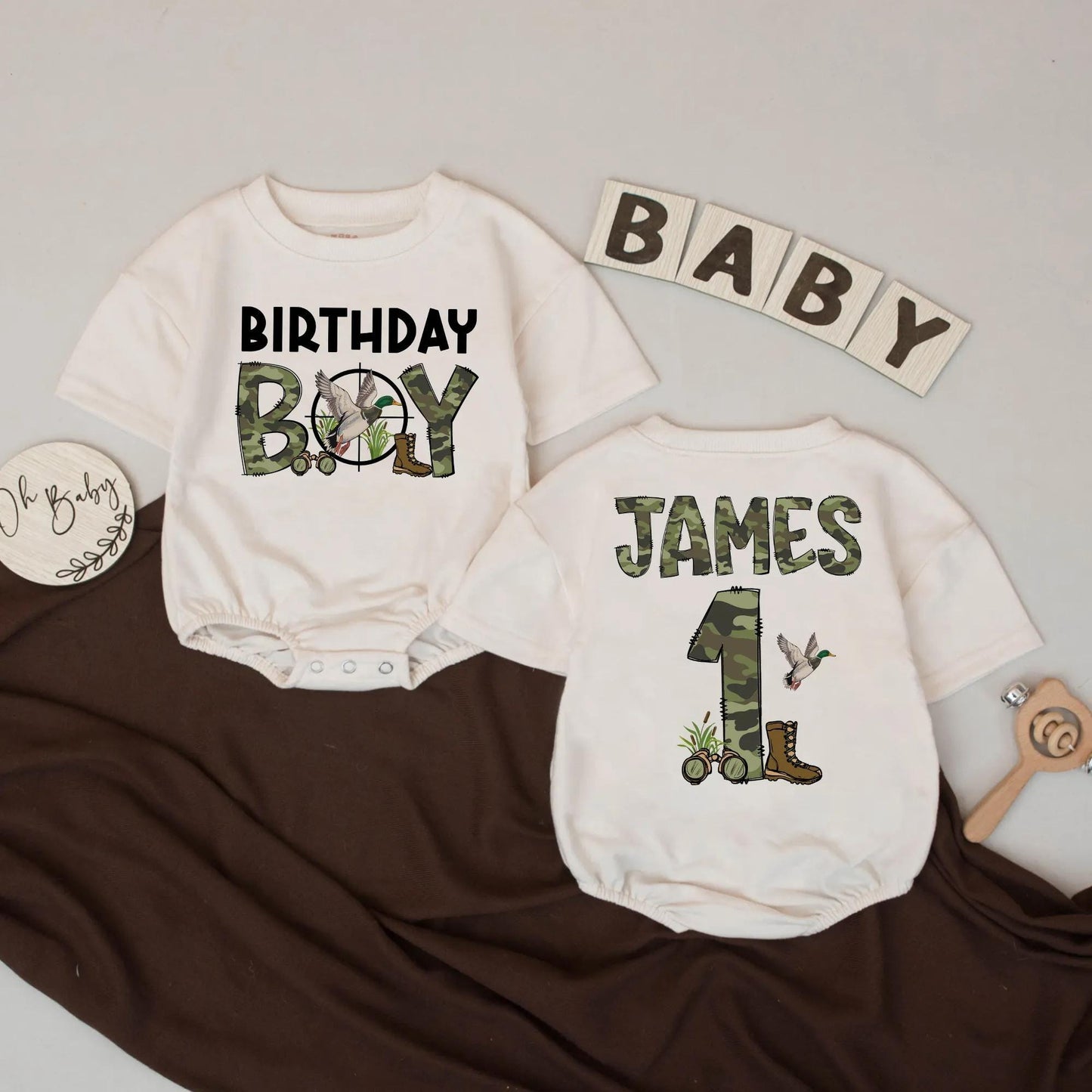 Personalized 1st Birthday Hunting Romper: Camo "BOY" & Duck Crosshairs Design. Custom Name Outfit for Little Hunters & Outdoor Adventures (138 chars)