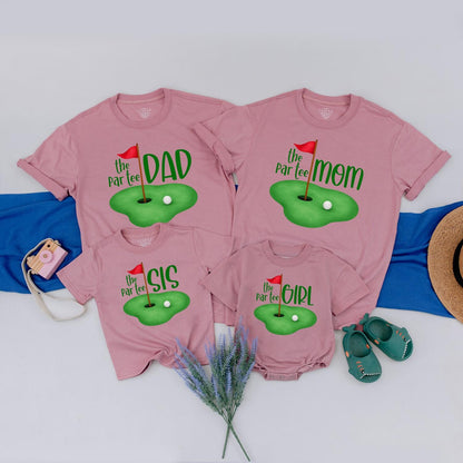 The Par-Tee Birthday Matching Family Golf Shirts: Cartoon Green with Red Flag, Personalized Boy or Girl First Birthday Outfit, Golf Party Tees (DAD, MOM, SIS)