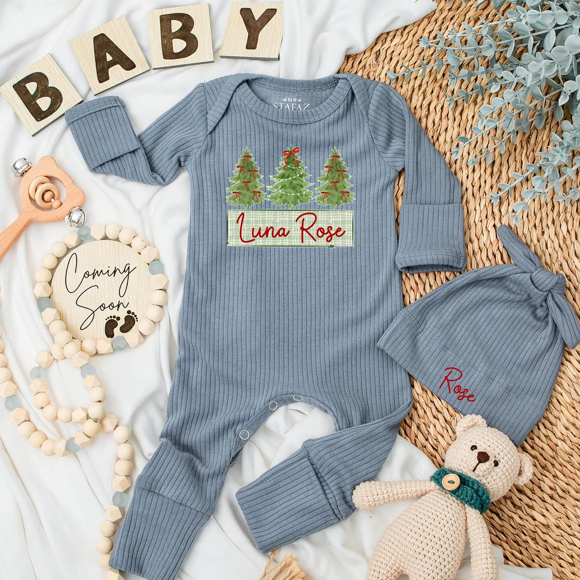 Personalized Luna Rose Christmas Bodysuit, Bow Tree Outfit, Holiday Baby Girl Clothes, Newborn Coming Home Gift, Custom Xmas Baby Shower Present (139 chars)