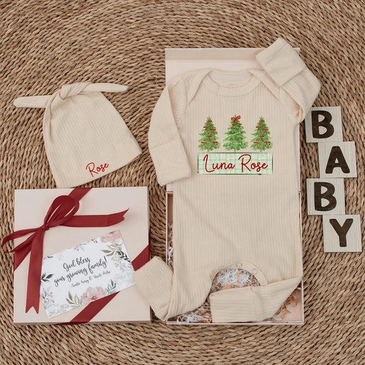 Personalized Luna Rose Christmas Bodysuit, Bow Tree Outfit, Holiday Baby Girl Clothes, Newborn Coming Home Gift, Custom Xmas Baby Shower Present (139 chars)