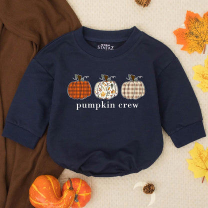 Pumpkin Crew Baby Bubble Romper with Patterned Fall Pumpkins Thanksgiving Outfit Infant Toddler Autumn Clothes Plaid Gingham Festive Gift