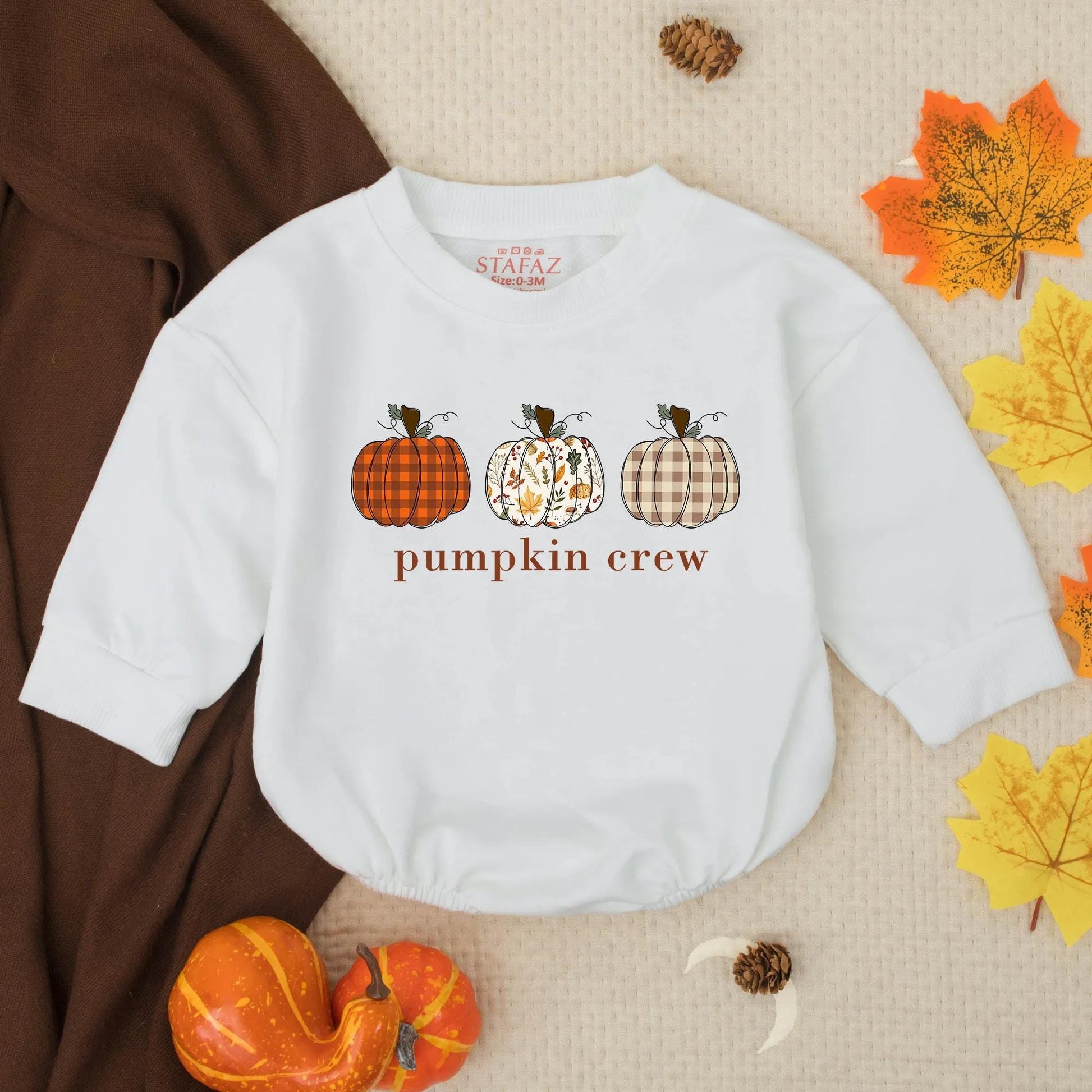 Pumpkin Crew Baby Bubble Romper with Patterned Fall Pumpkins Thanksgiving Outfit Infant Toddler Autumn Clothes Plaid Gingham Festive Gift