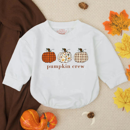 Pumpkin Crew Baby Bubble Romper with Patterned Fall Pumpkins Thanksgiving Outfit Infant Toddler Autumn Clothes Plaid Gingham Festive Gift
