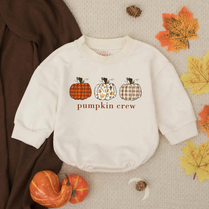 Pumpkin Crew Baby Bubble Romper with Patterned Fall Pumpkins Thanksgiving Outfit Infant Toddler Autumn Clothes Plaid Gingham Festive Gift