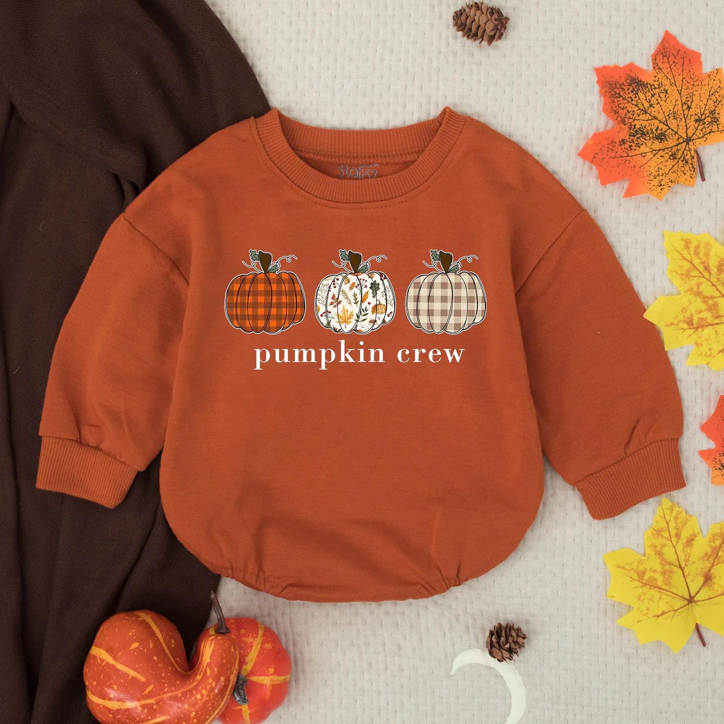 Pumpkin Crew Baby Bubble Romper with Patterned Fall Pumpkins Thanksgiving Outfit Infant Toddler Autumn Clothes Plaid Gingham Festive Gift