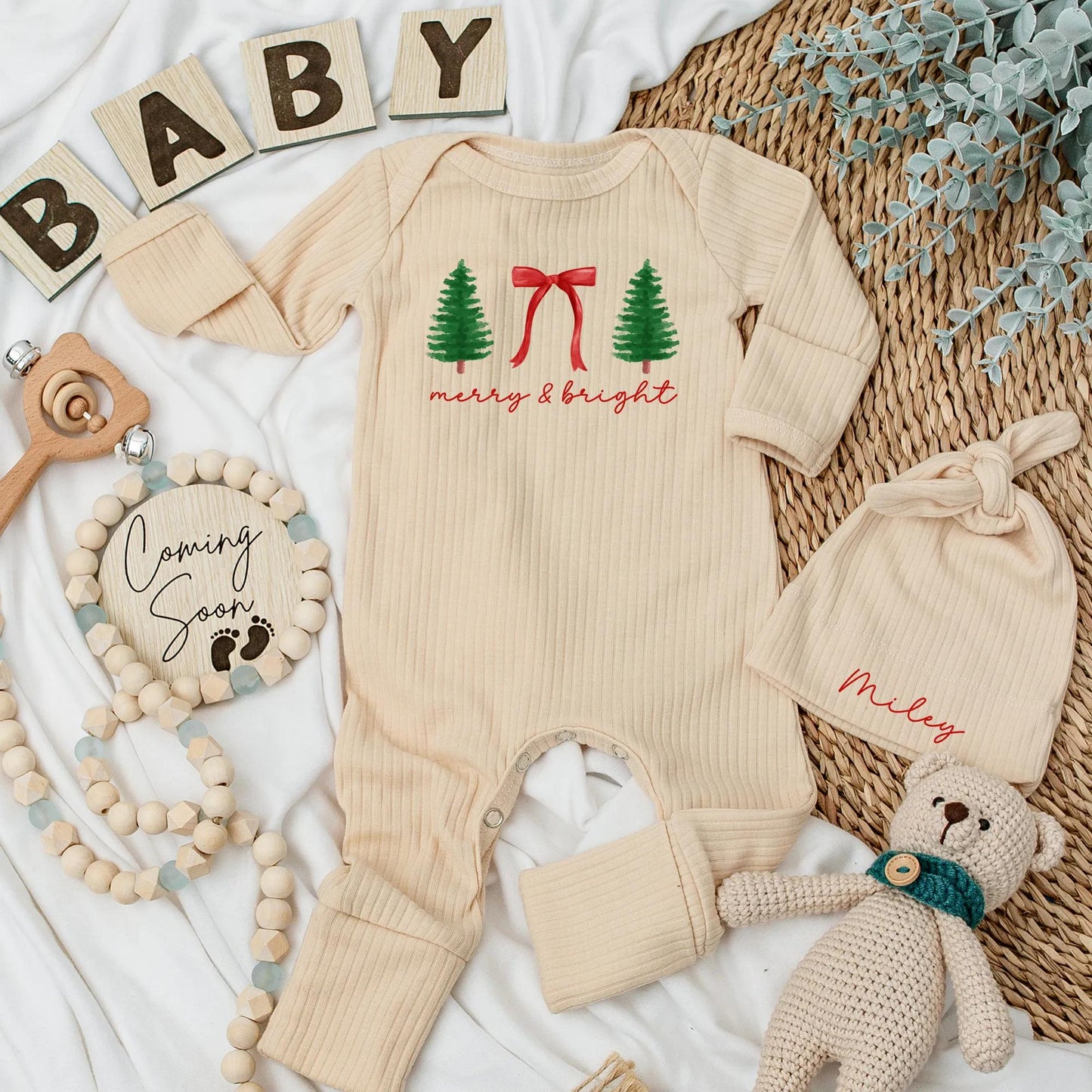 Merry & Bright Christmas Baby Bodysuit Girl Newborn Outfit Red Bow & Trees Holiday Gift