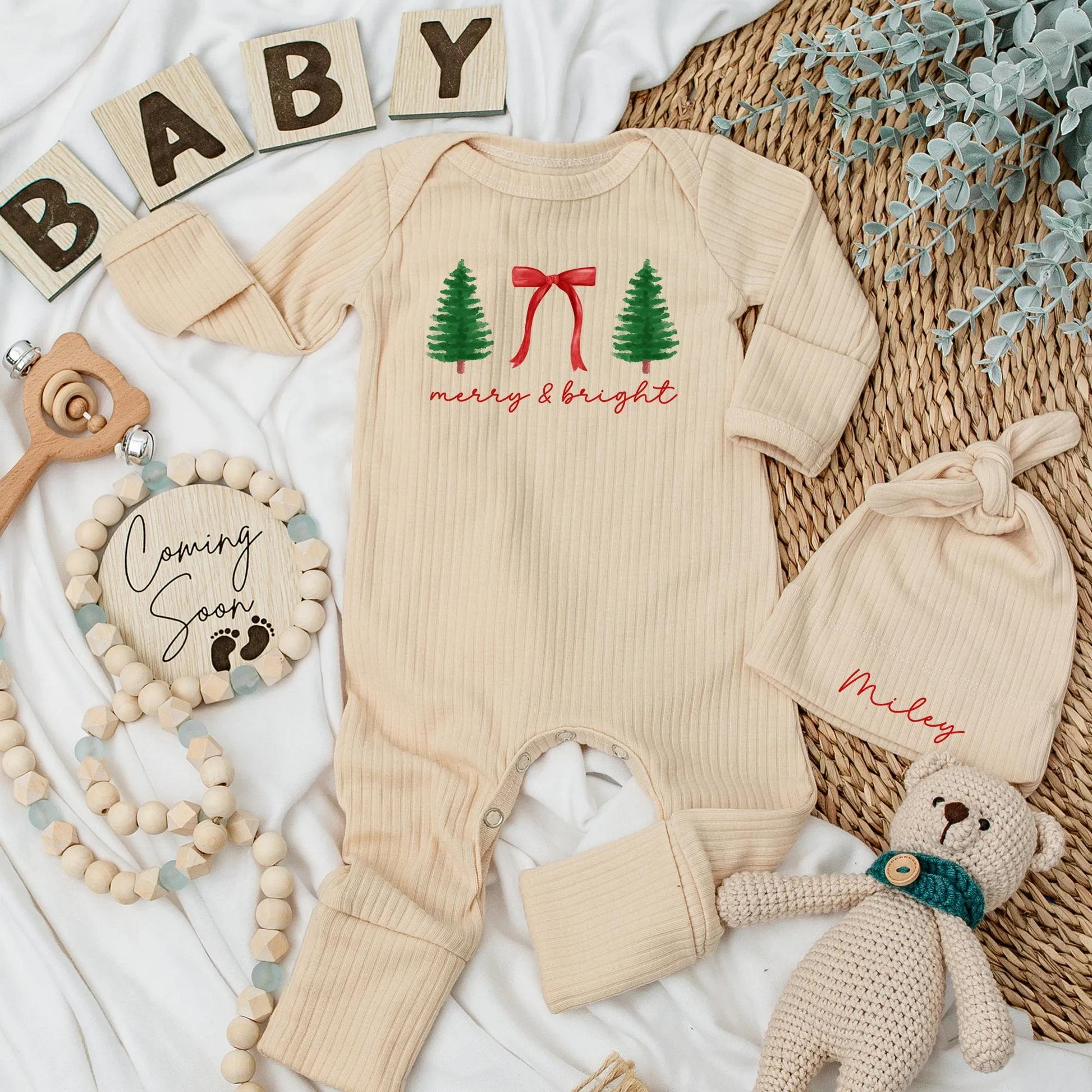 Merry & Bright Christmas Baby Bodysuit Girl Newborn Outfit Red Bow & Trees Holiday Gift