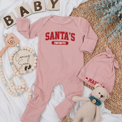 Personalized Santa's Favorite Baby Bodysuit Newborn Christmas Announcement Outfit Holiday Shower Gift Red Varsity Style