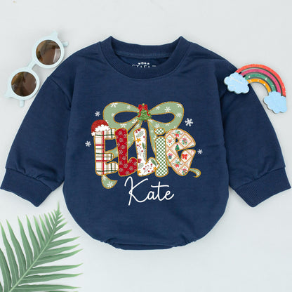 Ellie & Kate Personalized Christmas Romper Baby Girl Outfit Retro Bow Bodysuit Winter Holiday Xmas Clothes Custom First Christmas Gift