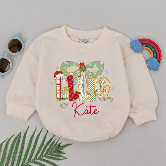 Ellie & Kate Personalized Christmas Romper Baby Girl Outfit Retro Bow Bodysuit Winter Holiday Xmas Clothes Custom First Christmas Gift