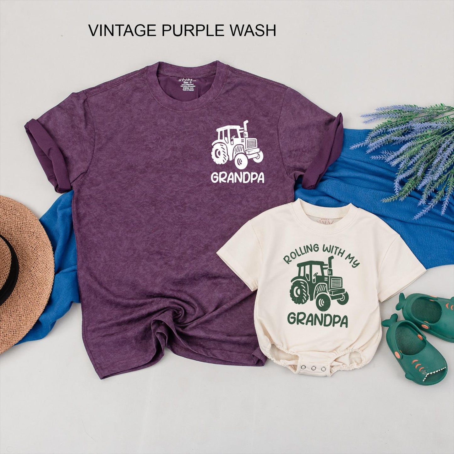 Rolling with Grandpa Tractor Matching Shirts, Cute Grandson & Grandpa Tees, Father's Day Gift, Tractor Family Outfits, Baby Toddler Grandpa Tee