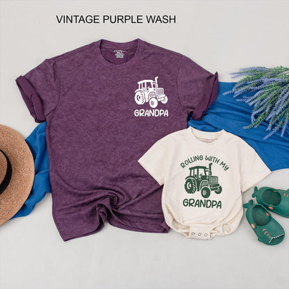 Rolling with Grandpa Tractor Matching Shirts, Cute Grandson & Grandpa Tees, Father's Day Gift, Tractor Family Outfits, Baby Toddler Grandpa Tee
