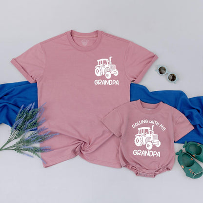 Rolling with Grandpa Tractor Matching Shirts, Cute Grandson & Grandpa Tees, Father's Day Gift, Tractor Family Outfits, Baby Toddler Grandpa Tee