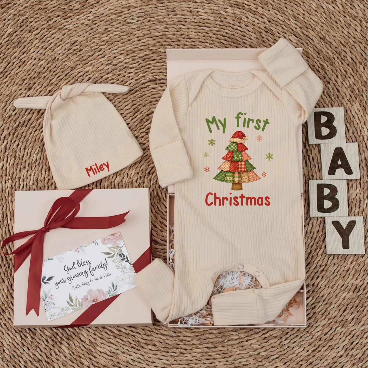 My First Christmas Baby Bodysuit Vintage Patchwork Tree Red Santa Hat Snowflake Green Pink Festive Newborn Outfit Baby Shower Gift