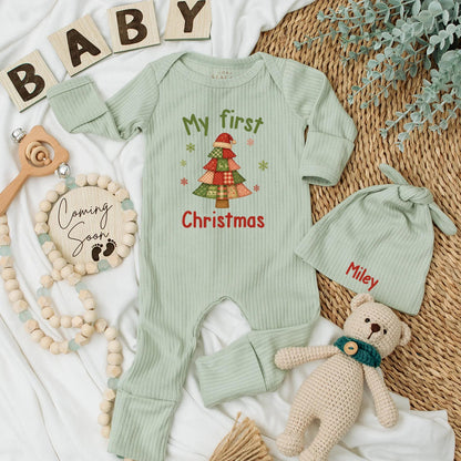 My First Christmas Baby Bodysuit Vintage Patchwork Tree Red Santa Hat Snowflake Green Pink Festive Newborn Outfit Baby Shower Gift