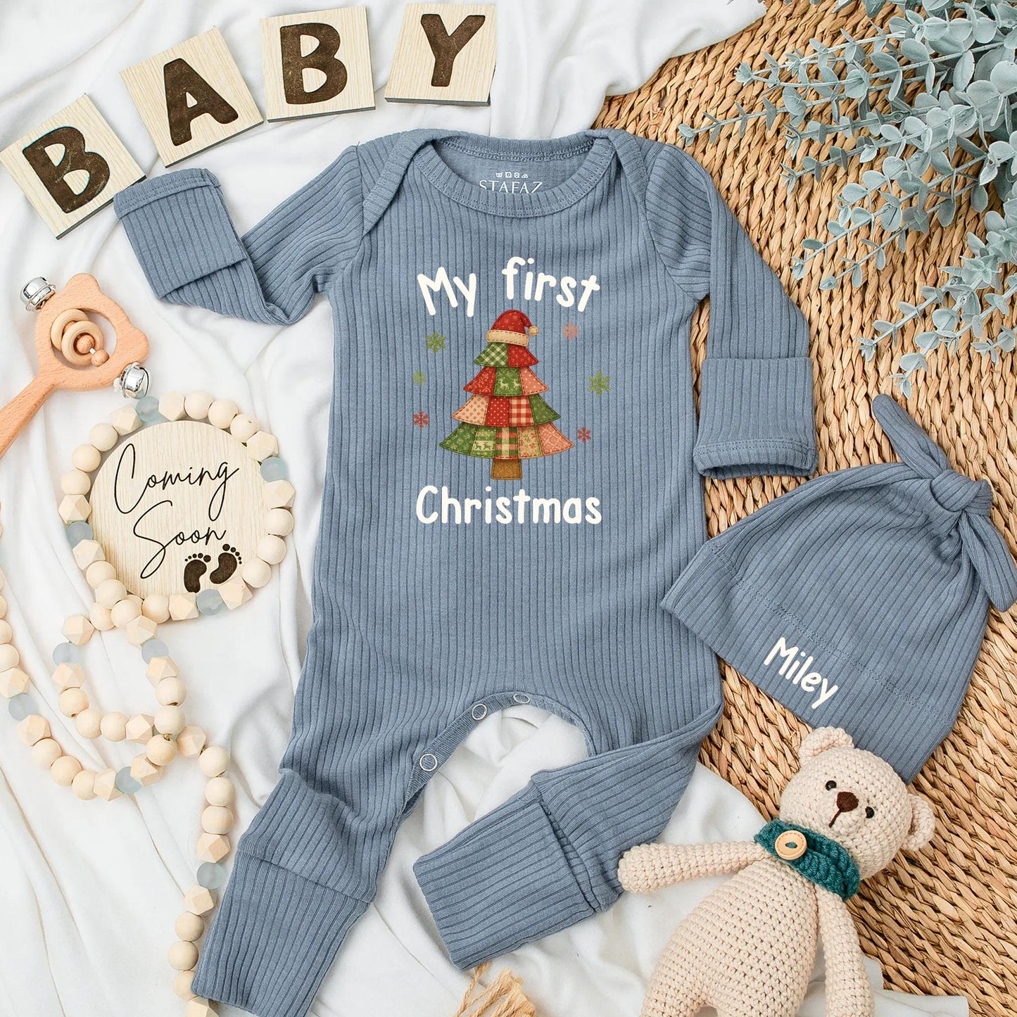 My First Christmas Baby Bodysuit Vintage Patchwork Tree Red Santa Hat Snowflake Green Pink Festive Newborn Outfit Baby Shower Gift