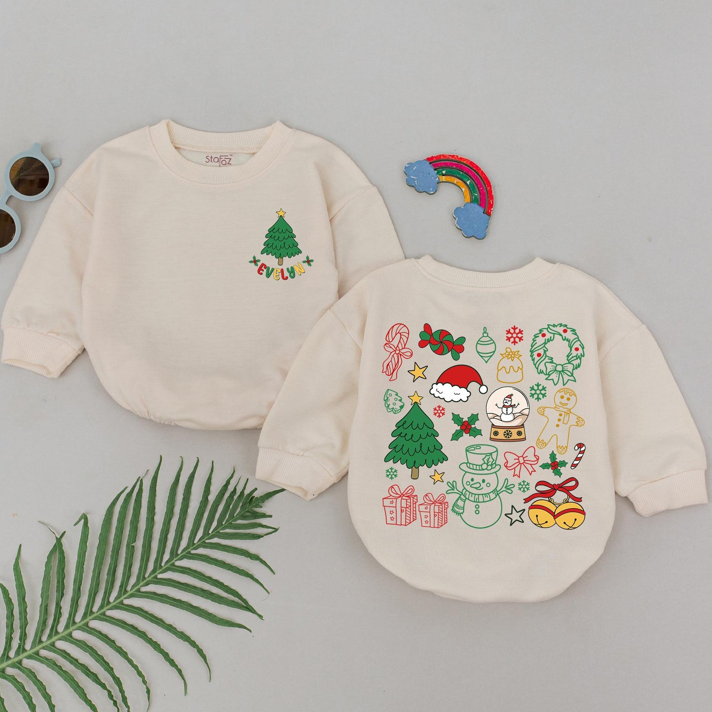Personalized Evelyn's 1st Christmas Romper, Festive Baby Outfit, Holiday Bodysuit, Whimsical Xmas Clothes, Baby Shower Gift, Red Green Gold, Newborn Winter