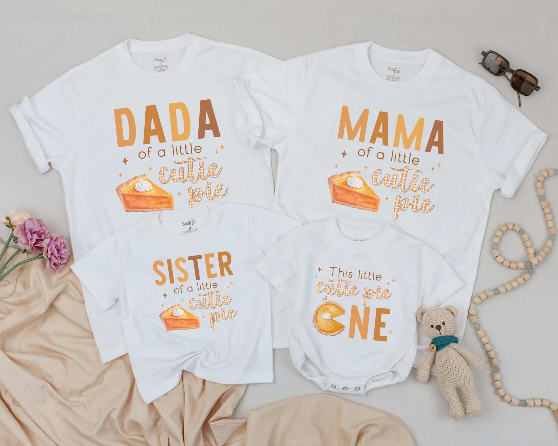 Retro Cutie Pie Matching Family Birthday Shirts First Thanksgiving Fall Mom Dad Sister Brown Orange Pumpkin Pie Design