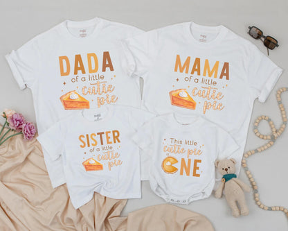 Retro Cutie Pie Matching Family Birthday Shirts First Thanksgiving Fall Mom Dad Sister Brown Orange Pumpkin Pie Design