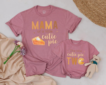 Retro Cutie Pie Matching Family Birthday Shirts First Thanksgiving Fall Mom Dad Sister Brown Orange Pumpkin Pie Design