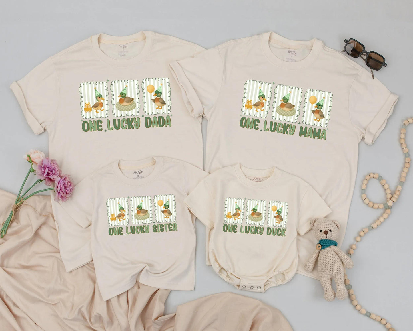 One Lucky Duck Matching Family 1st Birthday Shirts with Whimsical Cartoon Ducks & Birthday Hats Baby Toddler Party Celebration Outfit