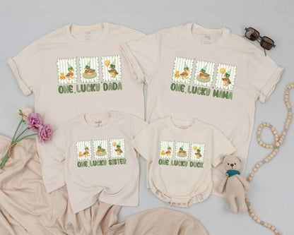 One Lucky Duck Matching Family 1st Birthday Shirts with Whimsical Cartoon Ducks & Birthday Hats Baby Toddler Party Celebration Outfit