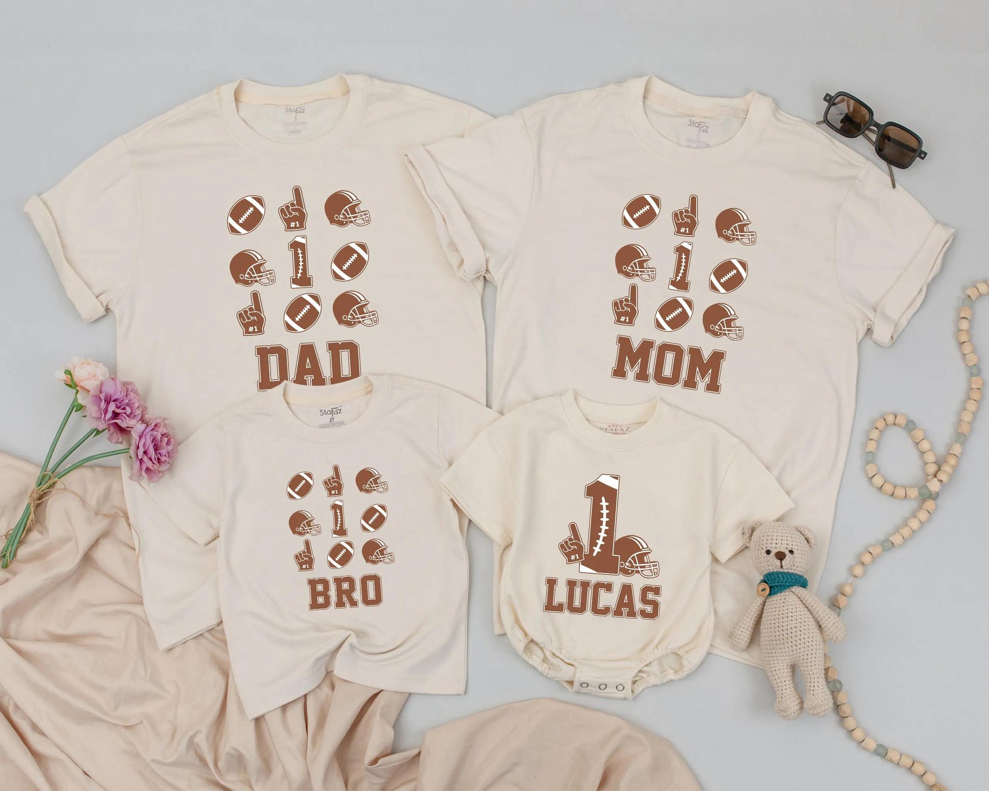 Matching Custom Football Family Birthday Shirts for Toddler Boy 1st Birthday Helmets Names Big 1 Hand Design