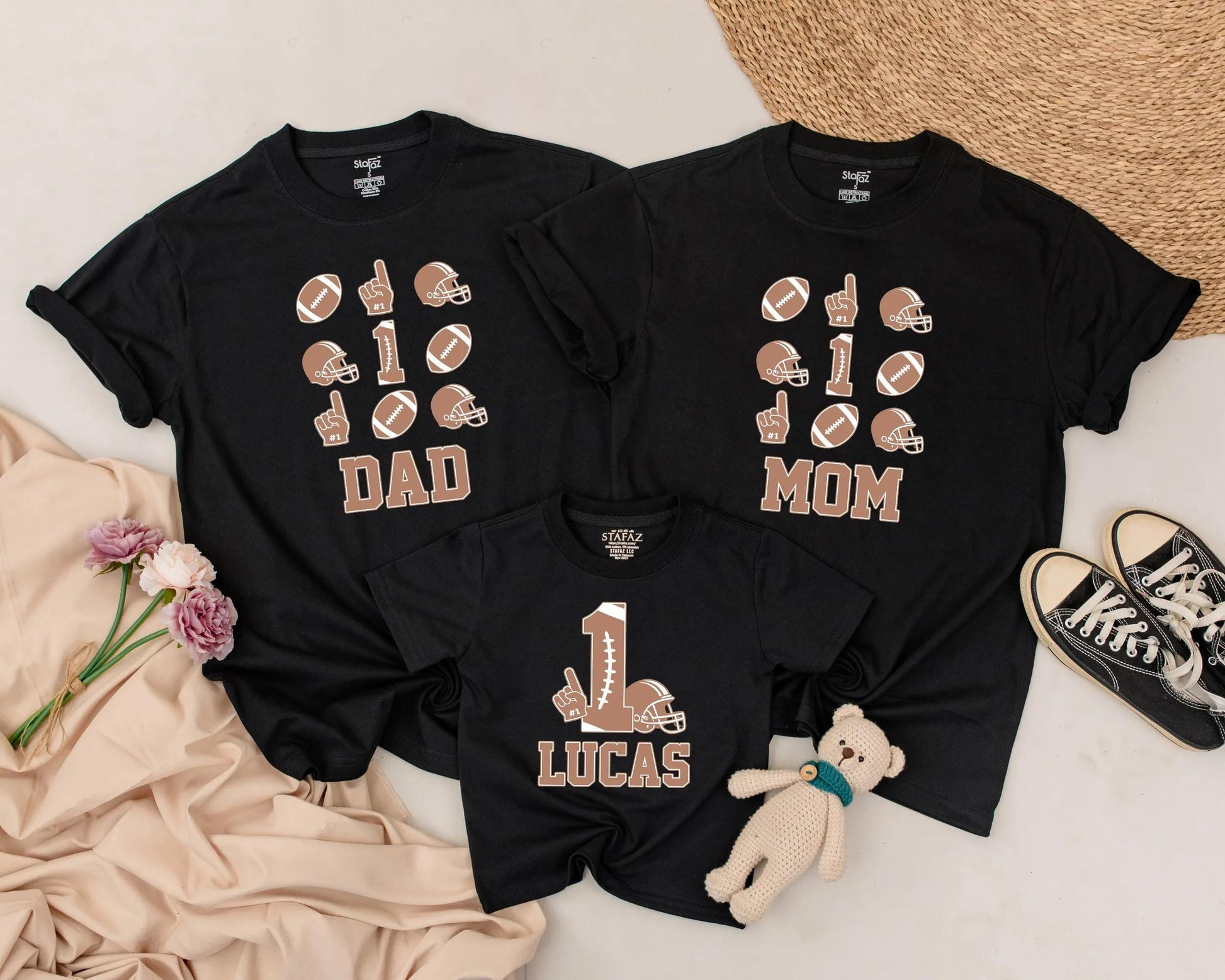 Matching Custom Football Family Birthday Shirts for Toddler Boy 1st Birthday Helmets Names Big 1 Hand Design