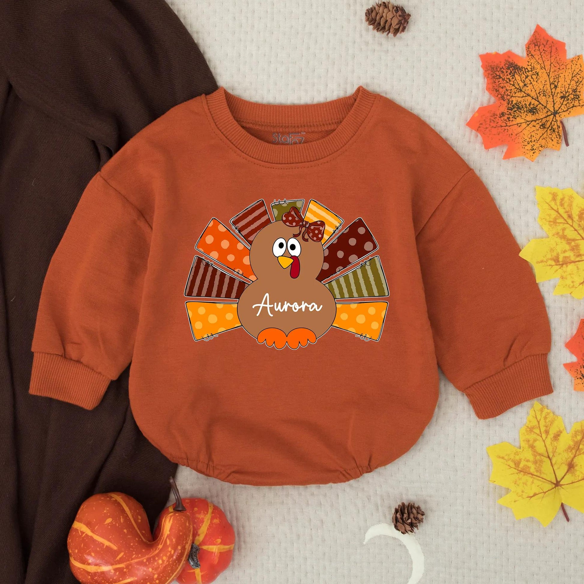 Custom Autumn Turkey Baby Girl Romper with Polka Dot Bow and "Aurora" Name, First Thanksgiving Outfit, Playful Fall Clothes for Toddlers