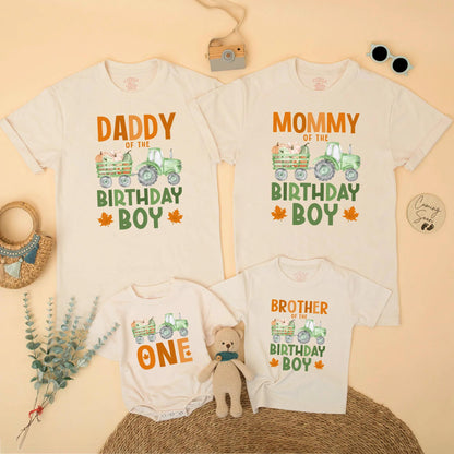 Matching Family Fall Tractor 1st Birthday Boy Shirt, Pumpkin Patch Outfit, Daddy Mommy Brother ONE, Green Wagon Maple Leaf Design