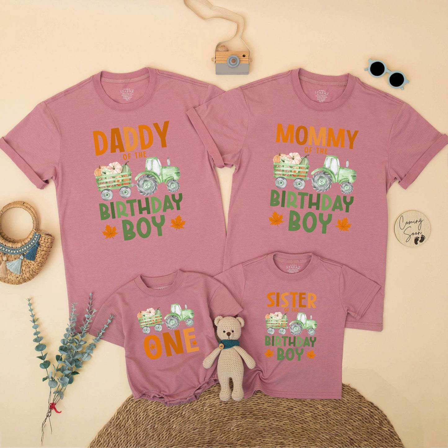 Matching Family Fall Tractor 1st Birthday Boy Shirt, Pumpkin Patch Outfit, Daddy Mommy Brother ONE, Green Wagon Maple Leaf Design