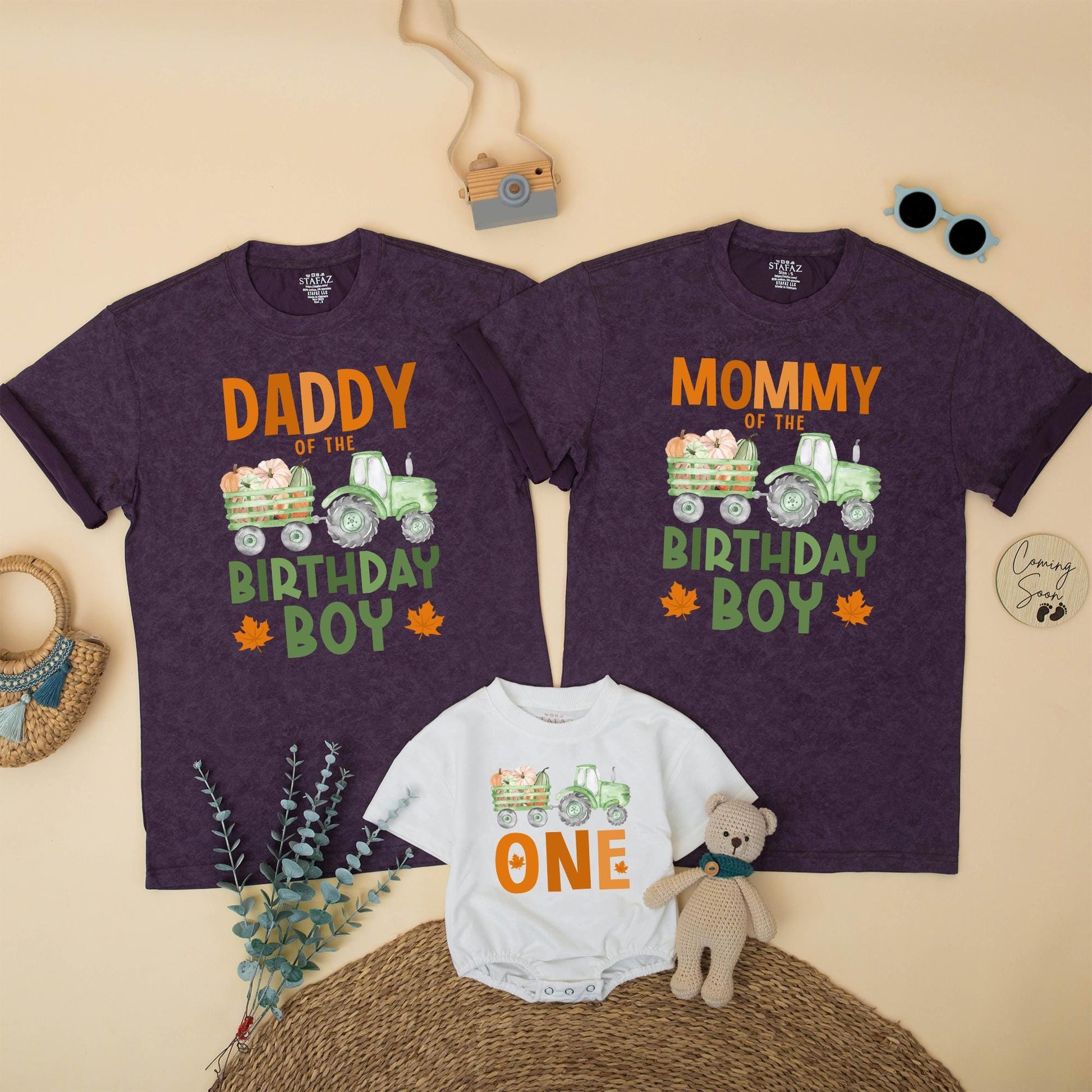 Matching Family Fall Tractor 1st Birthday Boy Shirt, Pumpkin Patch Outfit, Daddy Mommy Brother ONE, Green Wagon Maple Leaf Design