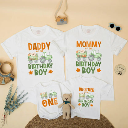 Matching Family Fall Tractor 1st Birthday Boy Shirt, Pumpkin Patch Outfit, Daddy Mommy Brother ONE, Green Wagon Maple Leaf Design