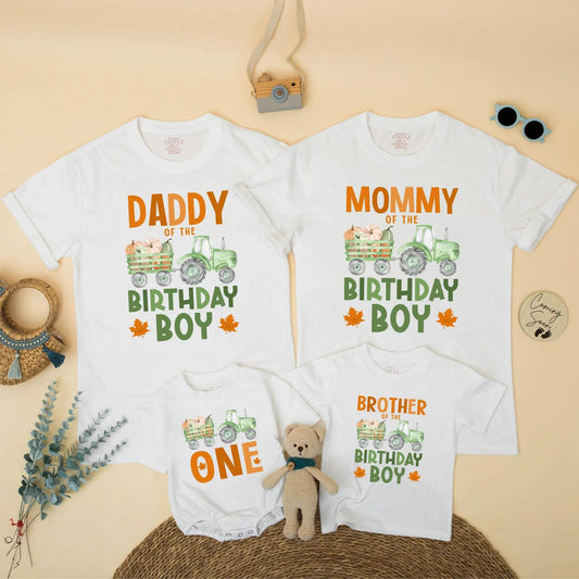 Matching Family Fall Tractor 1st Birthday Boy Shirt, Pumpkin Patch Outfit, Daddy Mommy Brother ONE, Green Wagon Maple Leaf Design