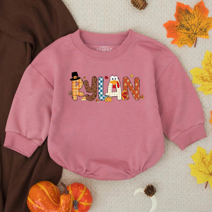 Custom Rylan Turkey Boy Romper Thanksgiving Baby Outfit Fall Toddler Clothes Personalized Name Autumn Colors Baby Shower Gift