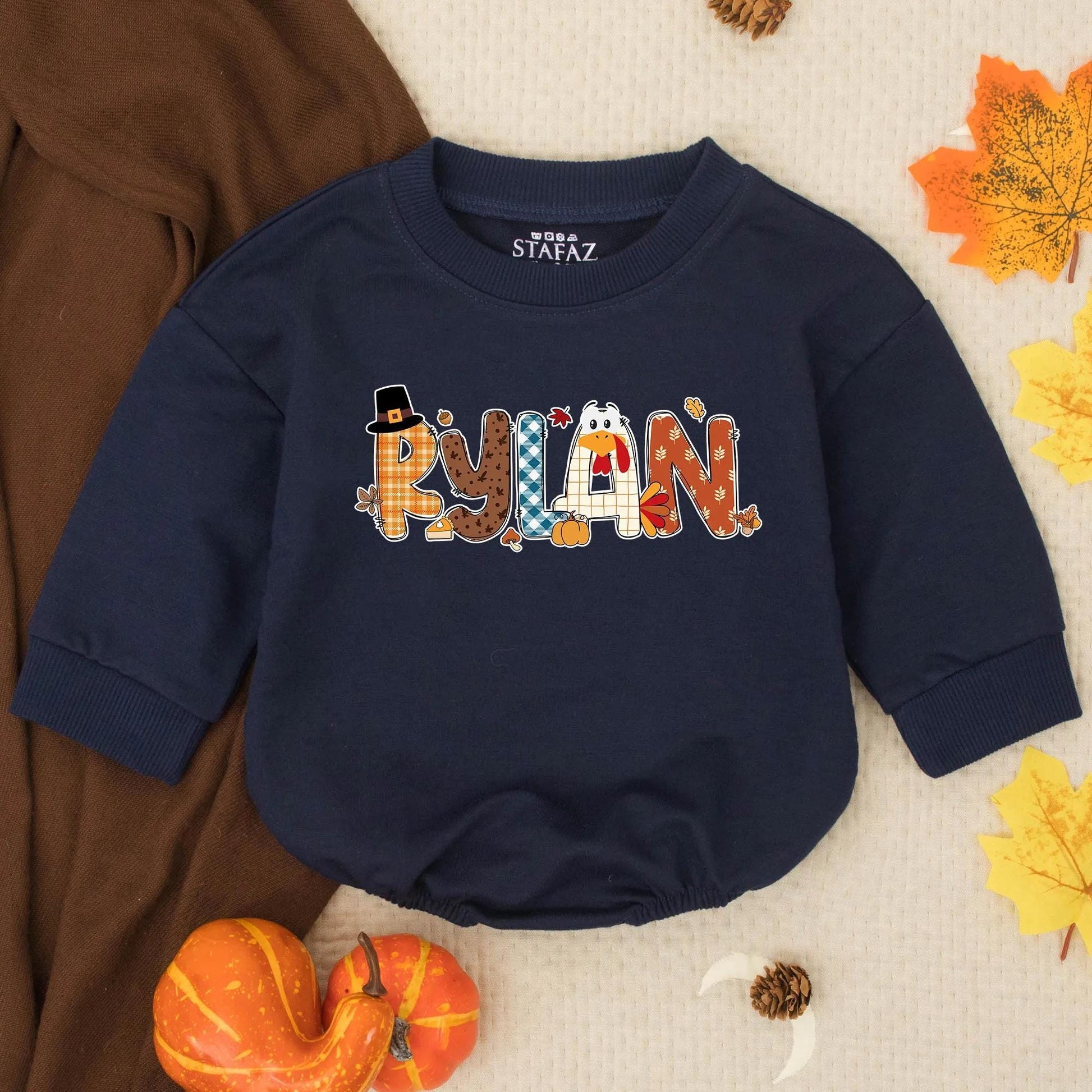 Custom Rylan Turkey Boy Romper Thanksgiving Baby Outfit Fall Toddler Clothes Personalized Name Autumn Colors Baby Shower Gift