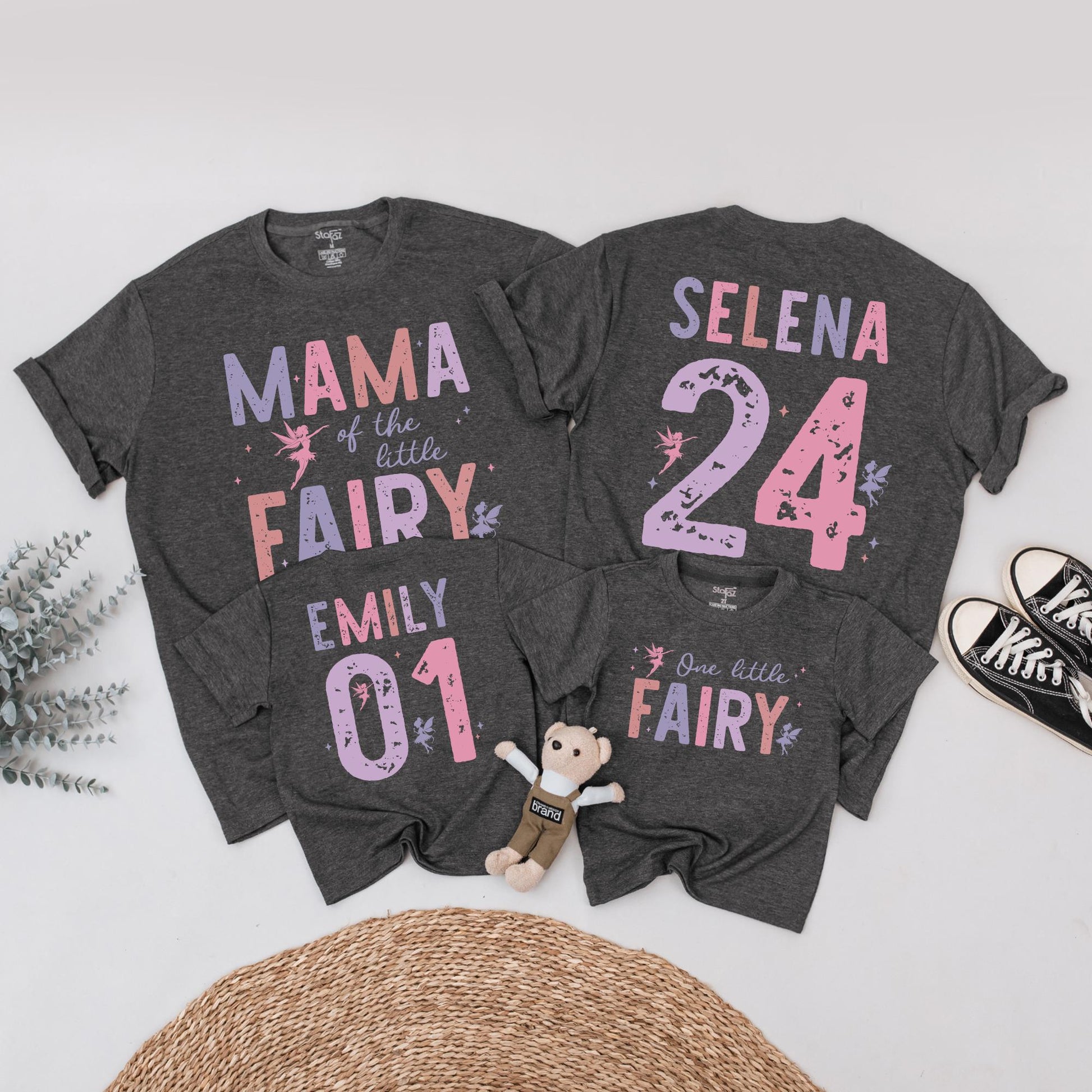 Fairy First Birthday Matching Family Shirts Rose Lavender Little Fairy Tee Girls 1st Birthday Outfit Custom Name Number Whimsical Vintage Style Party (138 chars)