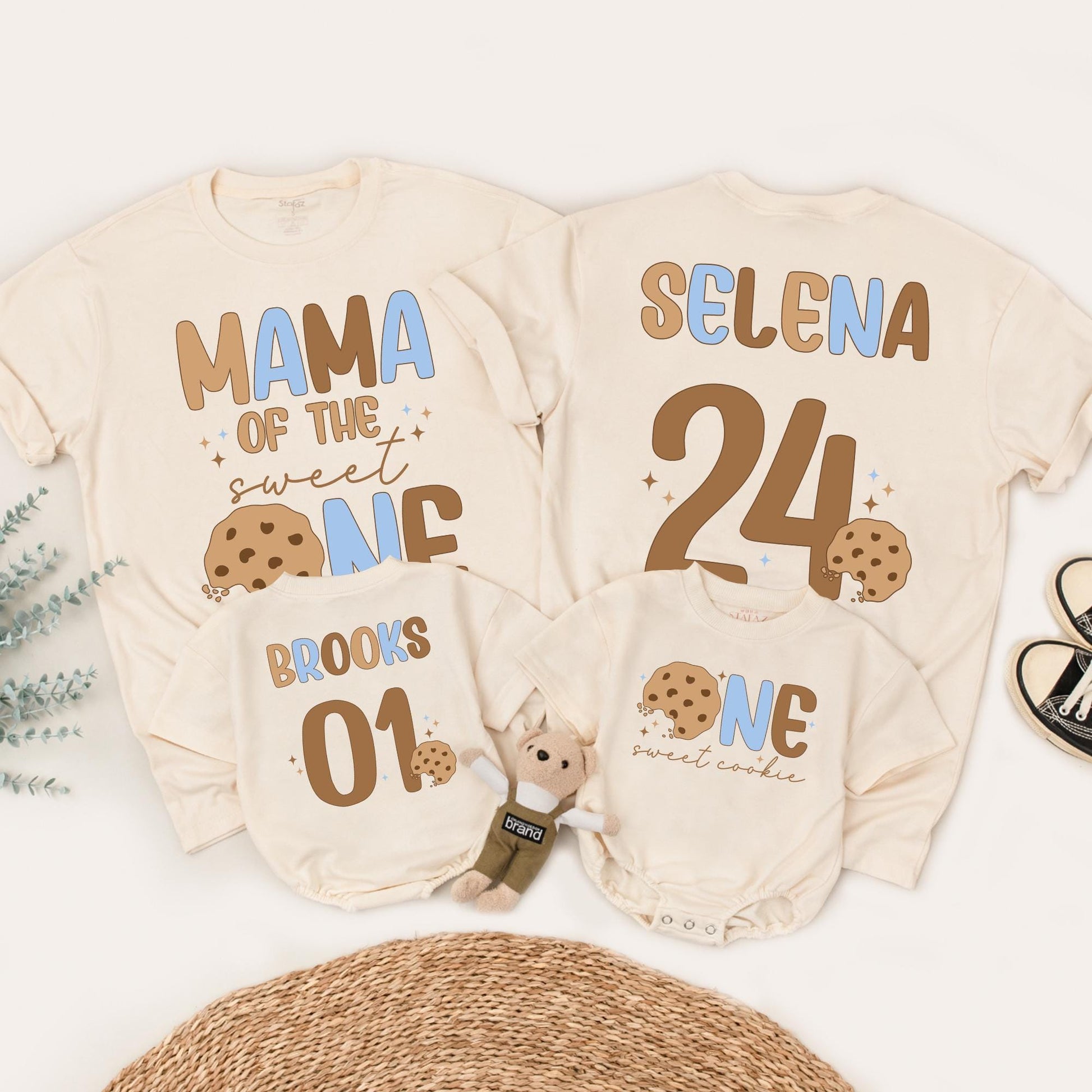 Sweet One Boy First Birthday Outfit, Milk and Cookies Tee, Retro Cookie Design Matching Family Birthday Shirts, Playful 1st Bday Top, Brown & Blue Text (139 chars)