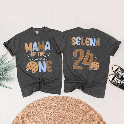 Sweet One Boy First Birthday Outfit, Milk and Cookies Tee, Retro Cookie Design Matching Family Birthday Shirts, Playful 1st Bday Top, Brown & Blue Text (139 chars)