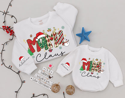 Mama Claus & Mini Claus Matching Christmas Sweatshirts Whimsical Holiday Outfits with Plaid Stripes Ornaments Snowflakes Trees Family Joyful Custom Gift