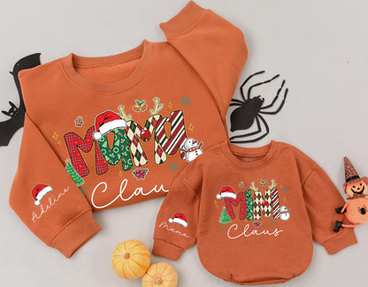 Mama Claus & Mini Claus Matching Christmas Sweatshirts Whimsical Holiday Outfits with Plaid Stripes Ornaments Snowflakes Trees Family Joyful Custom Gift